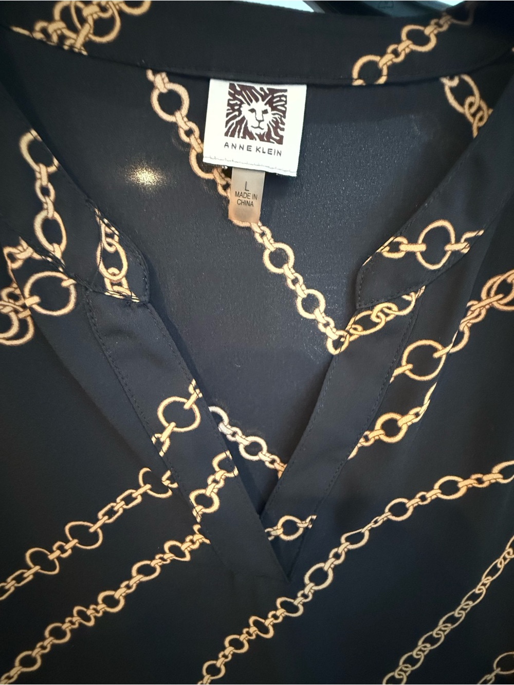 Anne Klein Black Top with Gold Chain Print V-Neck